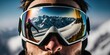Close up of the ski goggles of a man with the reflection of snowed mountains. A mountain range reflected in the ski mask. Portrait of man at the ski resort on the background by ai generative