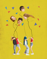 Wall Mural - Art collage of young people dancing together with pleasure over yellow background. Creative work