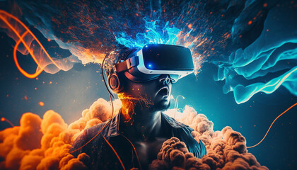 Young man using virtual reality headset. VR glasses, futuristic, technology, online education, education, video game concept. Generative AI.