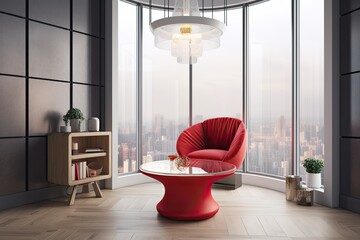 Sticker - Skyscraper interior of a stylish modern living room with a red round table and a design armchair. modern chandelier. window and wood wall. Nobody here. Generative AI