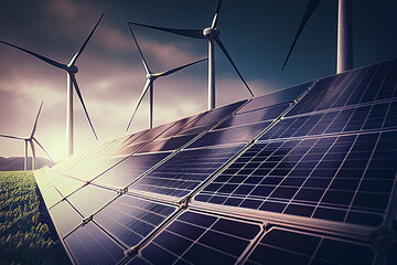 Wall Mural - solar panels and wind turbines. renewable energy concept. 3d rendering generative ai
