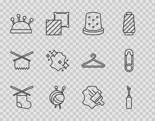 Sticker - Set line Knitting needles, Awl tool, Thimble for sewing, Yarn ball with knitting, Needle bed and, Leather, and Safety pin icon. Vector