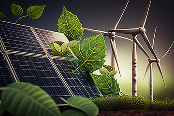 Wall Mural - solar panels and wind turbines. renewable energy concept. 3d rendering generative ai