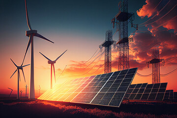 Wall Mural - solar panels and wind turbines. sunset. renewable energy concept. generative ai