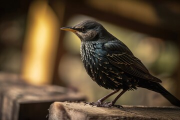 Wall Mural - a female black bird perches on a wood ceiling. Generative AI