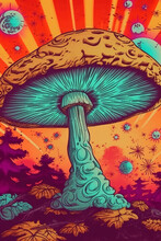 A Big Psychedelic Mushroom Over Colorful Background. Generative AI
