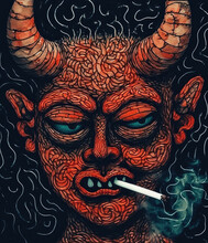 Psychedelic Illustration Of Demon Smoking. Generative AI