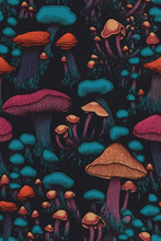 A Big Psychedelic Mushrooms Seamless Background. Generative AI