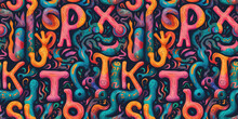 Psychedelic Design Art Colorful Seamless Background With Weird Symbols. Generative AI