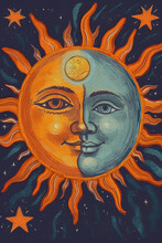 Psychedelic Illustration Of Sun And Moon. Generative AI