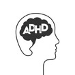 ADHD and brain concept. Head silhouette, profile face outline. Human mind and attention deficit hyperactivity disorder. Vector illustration isolated on white background.