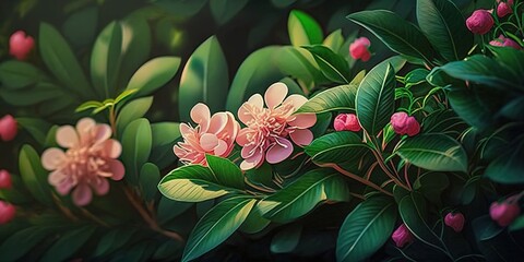Wall Mural - Pink flowers and green foliage provide a beautiful natural setting. Generative AI