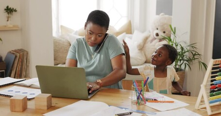 Poster - Laptop, phone call and busy mother with kid for work from home, child education care and administration management job in living room. Productivity, cellphone and black woman mom with baby attention