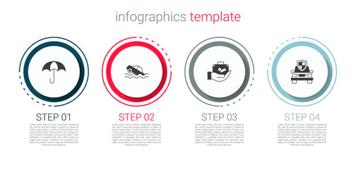 Sticker - Set Umbrella, Flood car, Travel suitcase in hand and Car insurance. Business infographic template. Vector