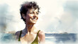 Watercolor illustration of mature caucasian woman with short curly pixie hairstyle wearing bikini standing on ocean beach enjoying sun and water. Holiday, selfcare and health concept. Generative AI
