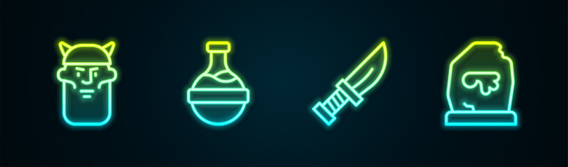 Poster - Set line Viking head, Bottle with potion, Dagger and Magic rune. Glowing neon icon. Vector