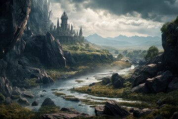 Wall Mural - A fantasy land with a river running through it and a castle on the hill