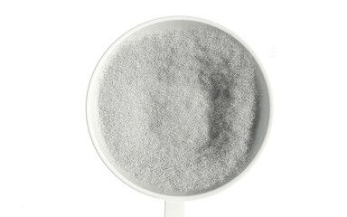 Sport food supplement powder 3d render on trasparent background. Supplement, creatine, hmb, bcaa, amino acid or vitamine in a white scoop. Sport nutrition healthy life concept