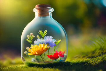 Wall Mural - Natural colorful wild flowers growing in a closed glass bottle or jar outside on the grass on a sunny day. Botanical terrarium with its own ecosystem. Ecological idea to save the Earth. Generative AI.