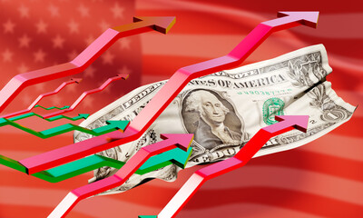 Poster - Dollar bill. USA flag. Dollar inflation concept. Metaphor for loss of dollar liquidity. American currency inflation. Wrinkled USA money. Economic problems. Crisis, bankruptcy. 3d image