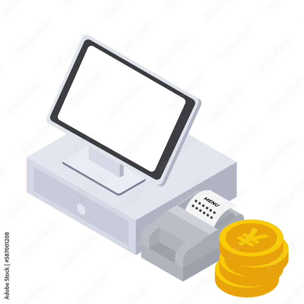 Image vectorielle Stock POSレジ・セルフレジと積み上げられたコインのアイソメトリックイラスト. | Adobe Stock