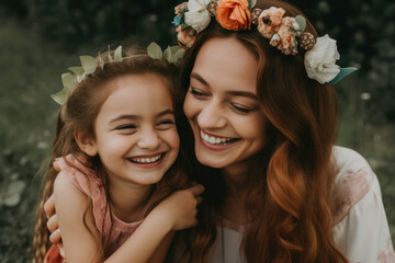 Wall Mural - Mother and daughter laughing and having fun together. Generative ai