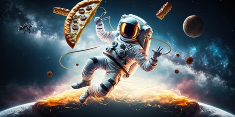 Wall Mural - astronaut and pizza planet in space by ai generative