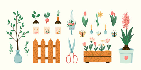 Wall Mural - Home vegetables gardening hobby illustrations set. Vector plants, flowers, and garden tools spring seasonal flat style collection Isolated