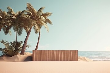 Canvas Print - rustic wooden bench on a serene sandy beach. Generative AI