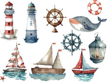 Watercolor Hand Drawn Nautical/marine Illustration With Lighthouse, Steering Wheel, And Seafaring Elements