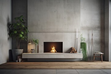 Canvas Print - Modern fireplace and concrete walls in minimalist living room. Interior mockup,. Generative AI