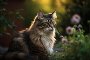 Wall Mural - Sitting in the garden at dusk is a cat with shiny fur. a cat and a garden in the sun. Cat relaxing outside next to flowers. Generative AI