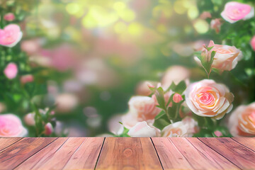 Canvas Print - Shelf of Brown wood plank board with blurred pink flowers garden rose nature background. AI Generated