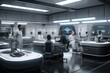 © Nattawat - Modern futuristic white laboratory office or workspace, with computer screens and advanced technology filling the space, artificial intelligence, AI generated