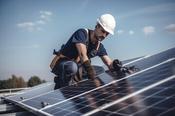 Technician engineer worker working installing solar panels, generative AI