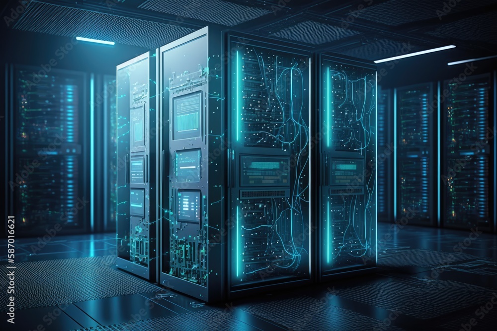 Telecom Supercomputer Working Data Center Full of Rack Servers and Supercomputers, Modern ...