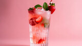 Fototapeta  - Strawberry drink in a glass with a strawberry and a straw. Pink background. Generetive AI
