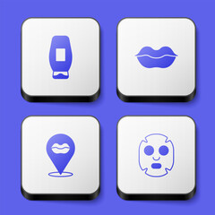 Poster - Set Bottle of shampoo, Smiling lips, and Facial cosmetic mask icon. White square button. Vector