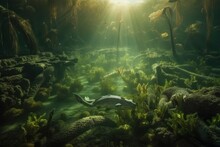 Explore The Enchanting Depths: A Stunning Ultra HD Ultra-Wide Angle Underwater Scene With Crocodile, Fish, And Vibrant Green Algae, Generative Ai