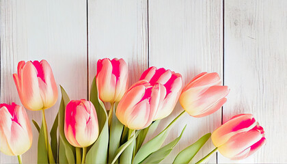 Canvas Print - tulips over shabby white wooden table, AI Generated