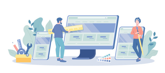 Design and Development. Designers working on ui ux design website or application. Studio or agency prototyping or coding web page or mobile app. Vector illustration with character situation for web.