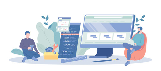 Front End Development. Programming and coding. Front end developers work on web interfaces. Vector illustration with character situation for web.
