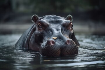 Canvas Print - Hippopotamus floating in the water, close up of the eyes. Nature and animals. superior photograph. Generative AI