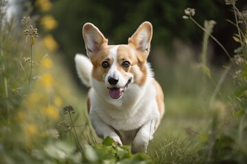 Poster - outside, playing corgi. Generative AI