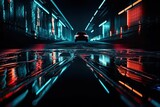 Fototapeta Przestrzenne - car driving down a busy city street at night with bright lights and tall buildings in the background. Generative AI