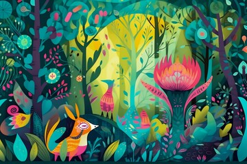 Wall Mural - Whimsical illustration of a magical forest, filled with vibrant colors and fantastical creatures. Generative AI