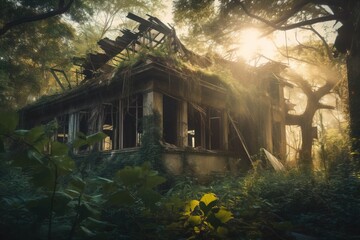 Poster -  a house in the middle of a forest with a sun shining through the trees on the roof and windows on the side of the house.  generative ai