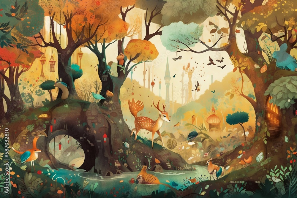 Whimsical illustration of a magical forest, filled with vibrant colors ...
