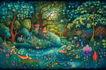 Wall Mural - Whimsical illustration of a magical forest, filled with vibrant colors and fantastical creatures. Generative AI