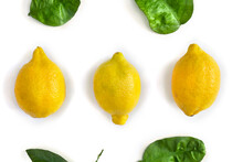 Lemons With Leaves On A White Background. Top View, Flat Lay